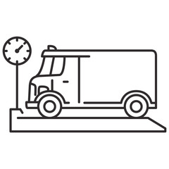 Weigh station with truck.Weighing the car.Van on weighbridge.Truck weight line icon.Vehicle weighing.Outline vector. Isolated on white background.