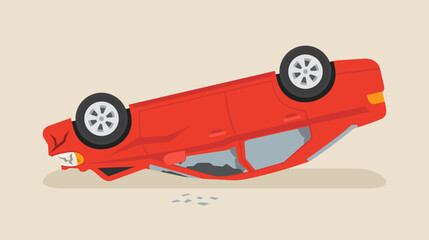 Red sedan car flips onto roof after colliding. Isolated upside down car crash scene. Flat vector illustration template.