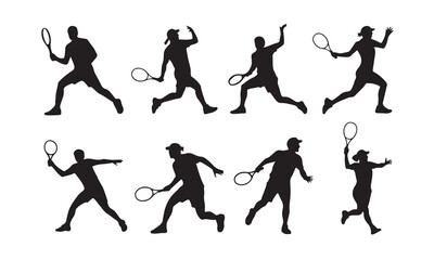 Dynamic tennis player poses silhouette collection for sports graphics.