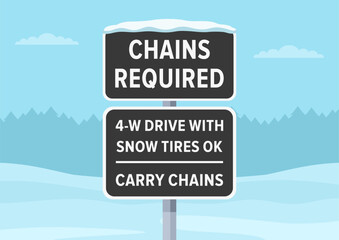 Traffic regulation rules and driving tips. Close-up of "chains required, 4 wheel drive with snow tires" sign on winter country background. Flat vector illustration template.