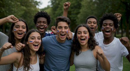 Fototapeta premium Group of young friends celebrating with painted faces in park 