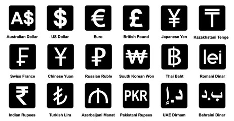currency icons set. Australian dollar, us dollar, euro, pound, yuan, Yun, pkr, uae dirham, romania dinar, dinar, symbol sign. collection of currency. vector illustration.