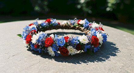 Floral crown made of red, white, and blue flowers on stone table  