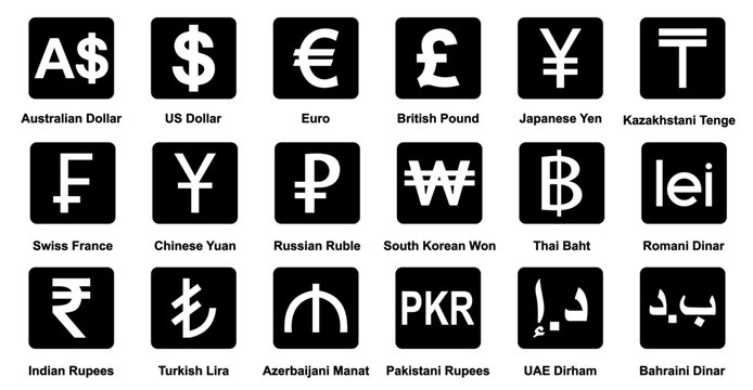 currency icons set. Australian dollar, us dollar, euro, pound, yuan, Yun, pkr, uae dirham, romania dinar, dinar, symbol sign. collection of currency. vector illustration.