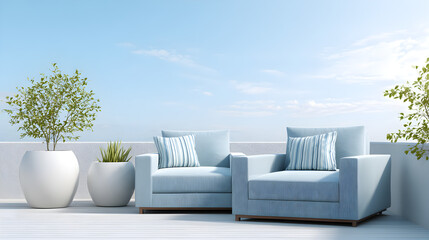 Modern outdoor seating area featuring two light blue armchairs with striped cushions, surrounded by decorative planters and a clear blue sky, creating a serene relaxation space