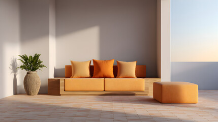 Modern living room featuring a stylish orange sofa with matching cushions, a cozy ottoman, and a decorative plant, creating a warm and inviting atmosphere for relaxation