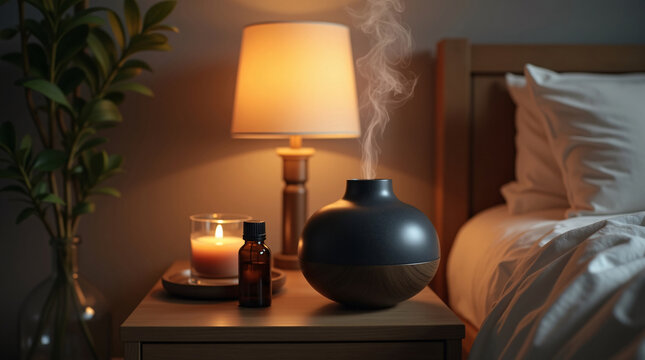 Warm masculine wellness scene with black ceramic diffuser releasing steam on wooden nightstand, dark amber herbal oil bottle, glass candle holder, soft bokeh light and photorealistic cinematic shadows
