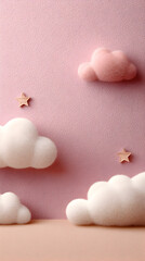 Soft fluffy clouds in pastel colors against a textured pink background, with decorative stars creating a whimsical atmosphere for creative design projects