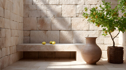 Bright and airy interior space featuring a rustic stone wall, a clay pot, and a lemon tree, creating a serene atmosphere with natural light and vibrant colors