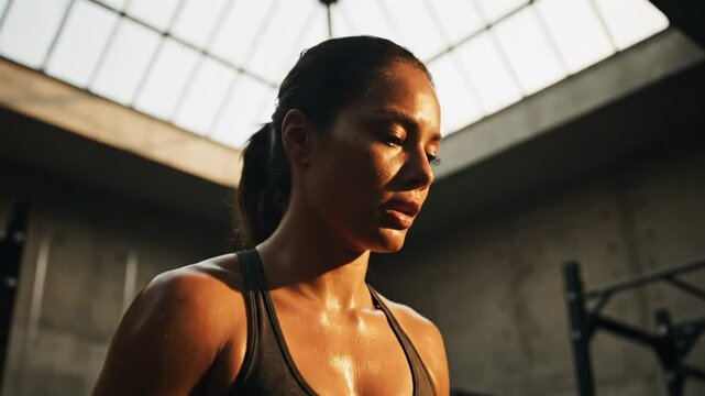 A focused woman in athletic wear stands in a gym, illuminated by natural light, reflecting on her workout as equipment looms in the background