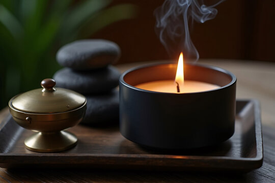 Close-up of matte black candle burning near volcanic stones and brass incense holder on wooden tray, warm ambient light, rising smoke, photorealistic masculine zen spa scene - Powered by Adobe
