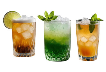 Three cocktails with ice in glass tumblers are featured. Garnished with lime or mint.