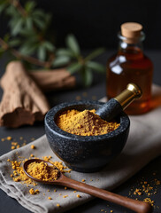 Masculine herbal wellness scene with black mortar, powdered maca on brass spoon, amber container and driftwood decor, deep shadows, sharp focus and cinematic high contrast lighting