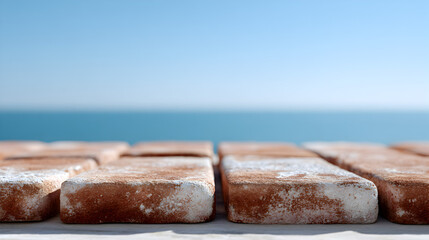 Close-up view of rustic clay bricks arranged in a row, with a serene ocean backdrop under a clear blue sky, showcasing texture and natural materials in a tranquil setting