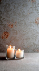 Two elegant glass candles with soft flames are placed on a textured surface, against a beautifully patterned floral wallpaper, creating a warm and inviting atmosphere