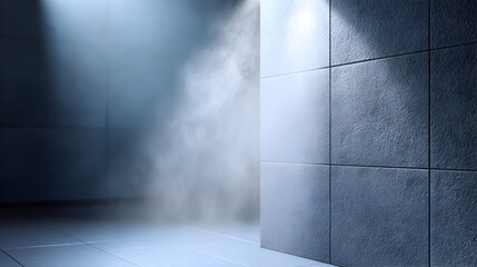 Dimly lit interior space with textured gray walls and soft light beams creating an atmospheric scene, featuring mist and shadows for a dramatic effect and visual intrigue
