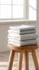 Soft, fluffy towels neatly stacked on a wooden stool in a bright, sunlit room, creating a serene and inviting atmosphere for relaxation and comfort