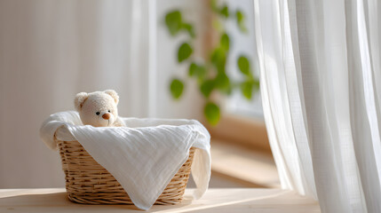 Soft teddy bear resting in a cozy woven basket with a light blanket, surrounded by natural sunlight streaming through sheer curtains, creating a warm and inviting atmosphere