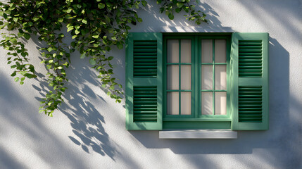 Green wooden window with shutters, surrounded by lush foliage, casting shadows on a textured wall, creating a serene and inviting atmosphere in a peaceful setting
