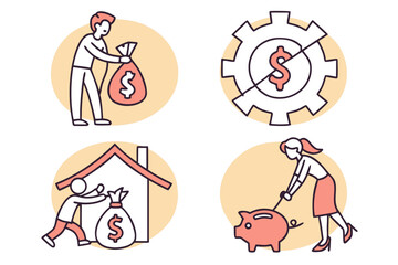 Set of 4 doodle icons for debt consolidation. White background.