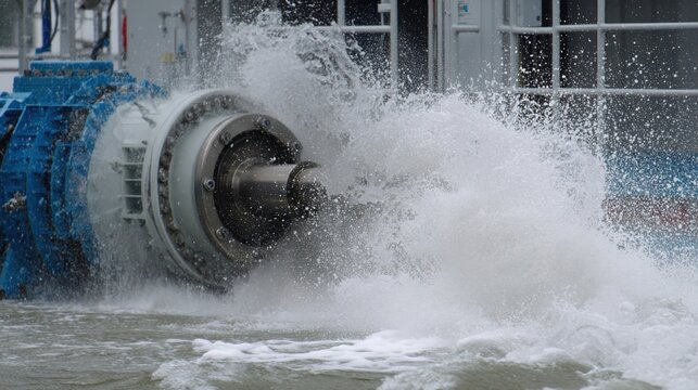 An action shot of the ships electric motor during a test run with the propeller shaft rotating at a high speed. Water splashes dramatically as the propeller engages capturing the moment