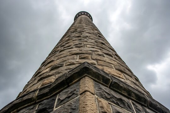 Majestic Stone Tower Reaching for the Cloudy Sky, Architectural Marvel of Stonework Detail - Powered by Adobe