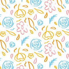 Fototapeta premium Playful Rough Floral Pattern in Blue, Pink, and Orange – Cute and Innocent Design