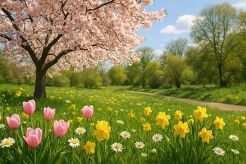 Vibrant spring meadow with blossoms.