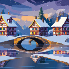 Half-timbered houses and bridge with river winter landscape vector illustration. Christmas European street background for postcard and invitation backdrop.