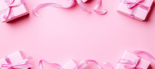 Delightful pink celebration backdrop with wrapped gifts, festive ribbons, and cheerful decorations.