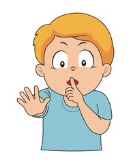 Cartoon boy with finger on lips, signaling "shh" gesture. Expressive face gently asks for silence, reminding others to be quiet and stop talking politely.