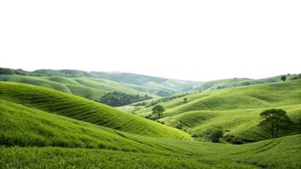 Rolling green hills under a bright blue sky with fluffy white clouds isolated on transparent background