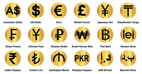 currency icons set. Australian dollar, us dollar, euro, pound, yuan, Yun, pkr, uae dirham, romania dinar, dinar, symbol sign. collection of currency. vector illustration. Gold Platted. 