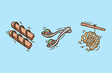 Indonesia traditional games hand drawn illustration. Set of Indonesia independence day contest vector icon doodle. Marble race, clog race, and eating crackers.