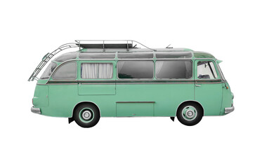 Retro blue camper van caravan on white