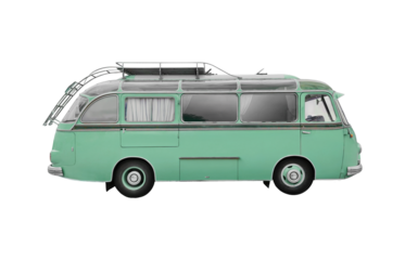 Retro blue camper van caravan on white