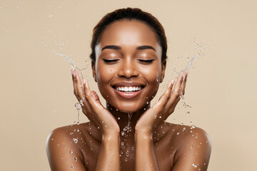 African woman washing face with water splash on beige background, copy space
