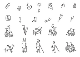 Set of outline icons related to disability and people with disabilities. Linear icon collection. Vector illustration