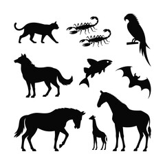 Collection of diverse animal silhouettes vector against a white background.