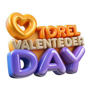 3d rendering of the words torel valenteday with a golden heart and purple letters isolated on transparent background