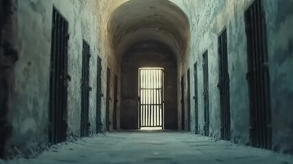 Interior corridor with barred cells - Powered by Adobe