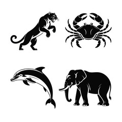 Four distinct animal silhouettes vector of panther crab dolphin and elephant.