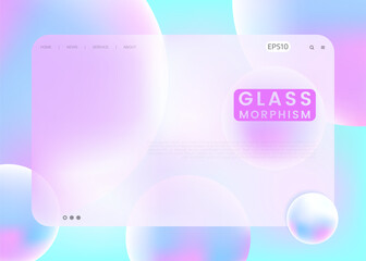 Glassmorphism-style website landing page template. Horizontal screen layout with transparent glass overlay on abstract liquid gradient background. Vector illustration.