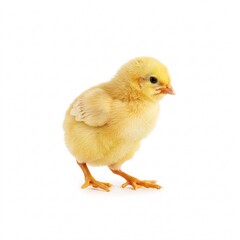 Small fluffy yellow chick standing on tiny orange feet, isolated on a white