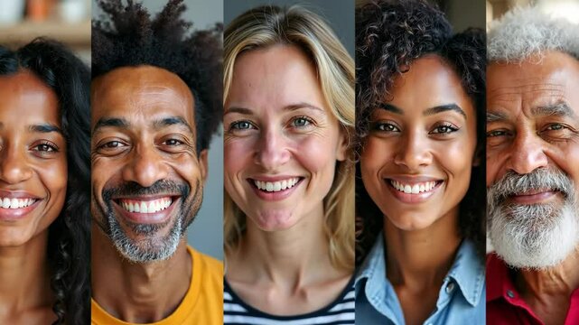 Collage mosaic of many happy multiracial people couples and families, old young generation adults and kids of diverse ethnicity faces headshots closeup portraits. Horizontal banner.
