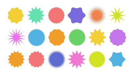 Zigzag edge circle set. Sunburst sticker shapes, silhouette circle and star shaped price tag, round stamp, discount, sale label, stickers. Elements for decoration. Vector illustration.