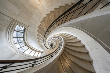 Elegant Spiral Staircase with Modern Railing and Circular Window in Luxurious Building