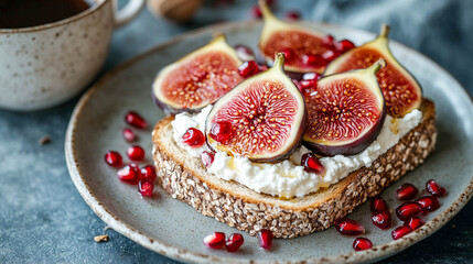 Two toasts spread with cream cheese or yogurt, topped with fresh fig slices and pomegranate seeds. An appetizing atmosphere for breakfast or a light snack.