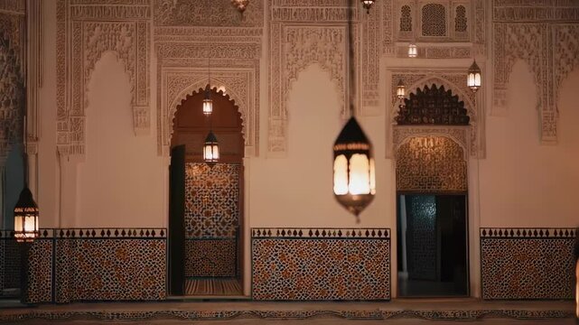 Warmly Lit Moroccan Interior Featuring Ornate Arches, Zellige Tiles, and Hanging Lanterns