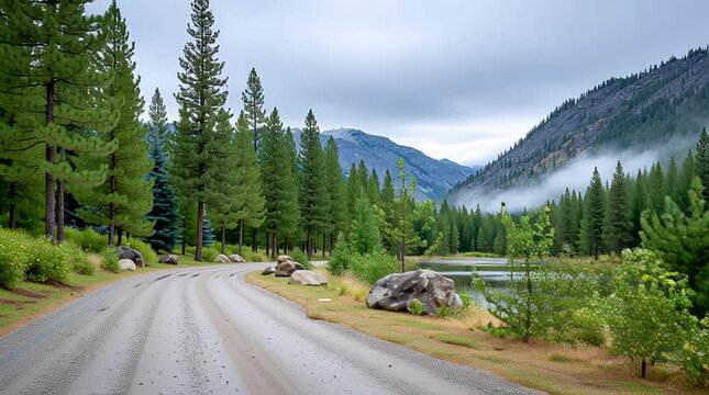 Mountain Road and Lake: A scenic gravel road winds through a lush evergreen forest, leading towards a tranquil lake nestled amidst towering mountains.